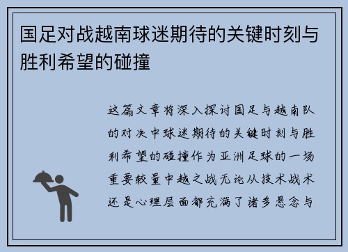 国足对战越南球迷期待的关键时刻与胜利希望的碰撞