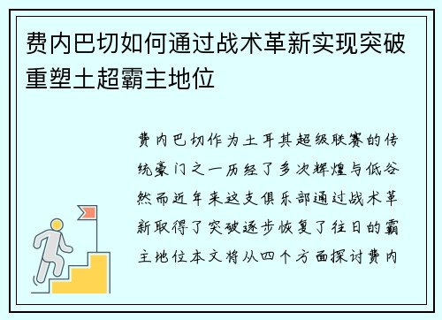 费内巴切如何通过战术革新实现突破重塑土超霸主地位